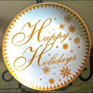 222 FIFTH FESTIVE HOLIDAYS PLATES SET/4 APPETIZER HAPPY HOLIDAYS BE MERRY GOLD